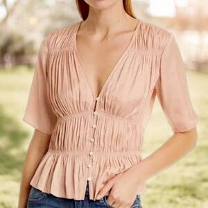Frame Shirred V-Neck Blouse Pink Clay Sz XS Romantic Silky Top